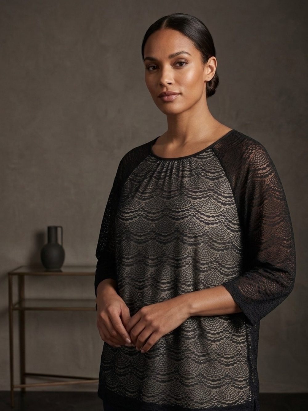 Investments Black Lace Trim Blouse